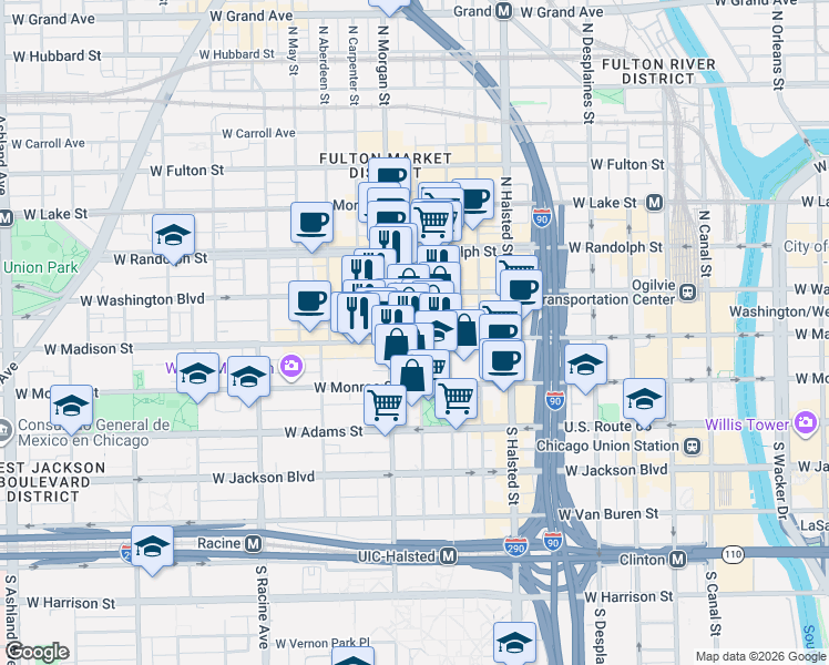 map of restaurants, bars, coffee shops, grocery stores, and more near 936 West Madison Street in Chicago
