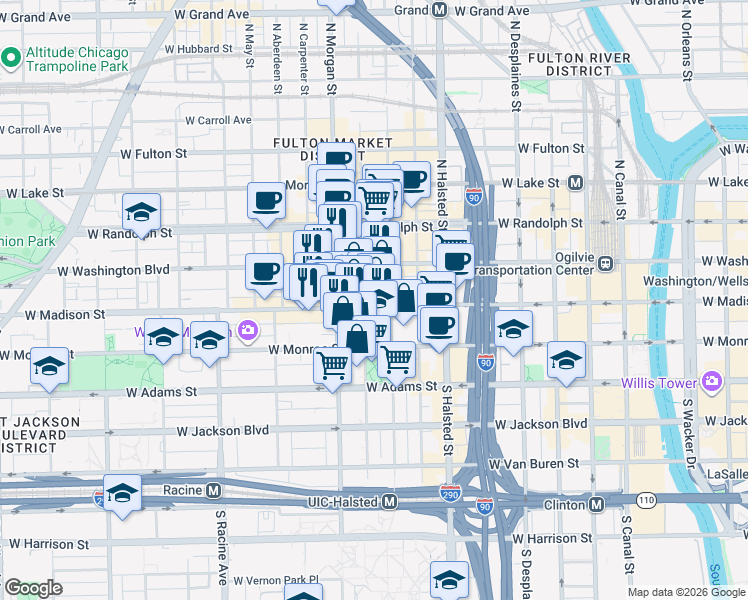map of restaurants, bars, coffee shops, grocery stores, and more near 940 West Madison Street in Chicago