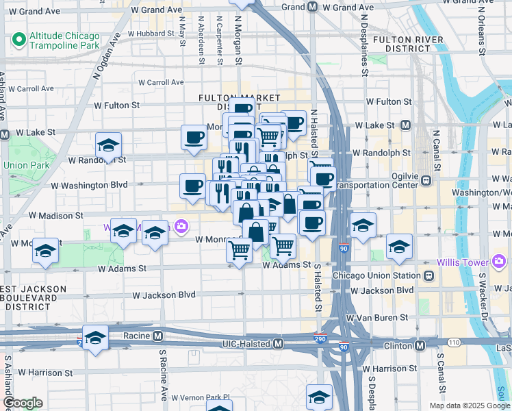 map of restaurants, bars, coffee shops, grocery stores, and more near 940 West Madison Street in Chicago