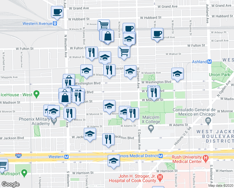map of restaurants, bars, coffee shops, grocery stores, and more near 2111 West Warren Boulevard in Chicago