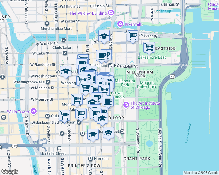 map of restaurants, bars, coffee shops, grocery stores, and more near 60 East Monroe Street in Chicago