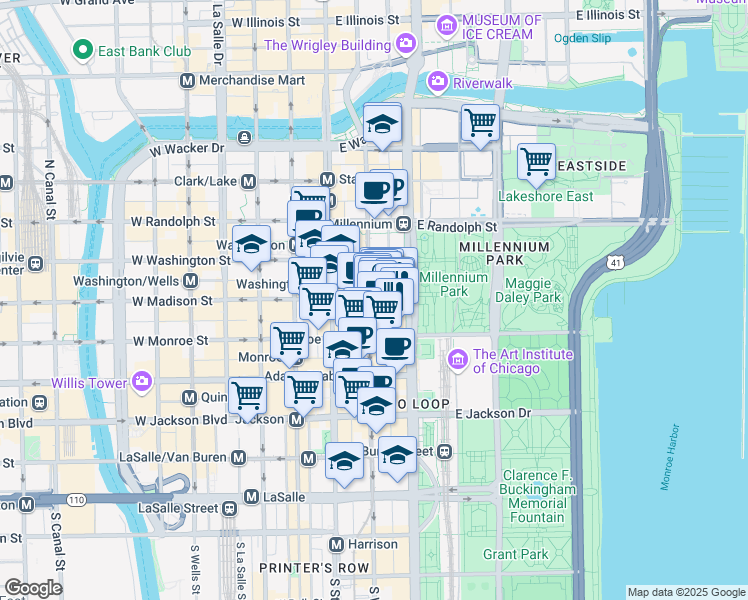 map of restaurants, bars, coffee shops, grocery stores, and more near 1 South Wabash Avenue in Chicago