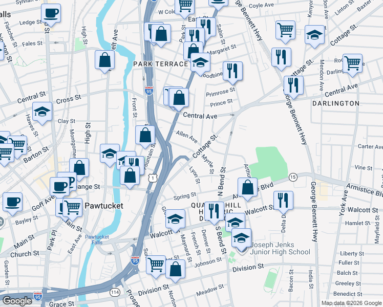 map of restaurants, bars, coffee shops, grocery stores, and more near 148 Cottage Street in Pawtucket