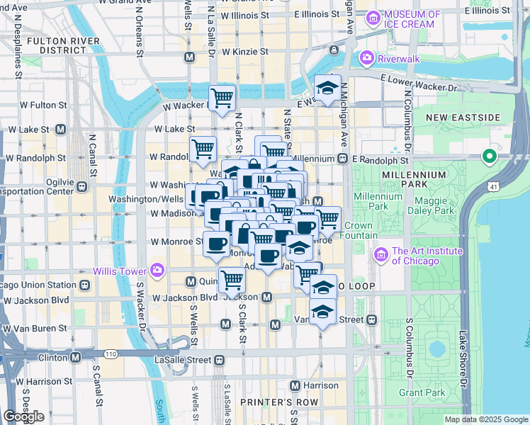 map of restaurants, bars, coffee shops, grocery stores, and more near 1 North Dearborn Street in Chicago