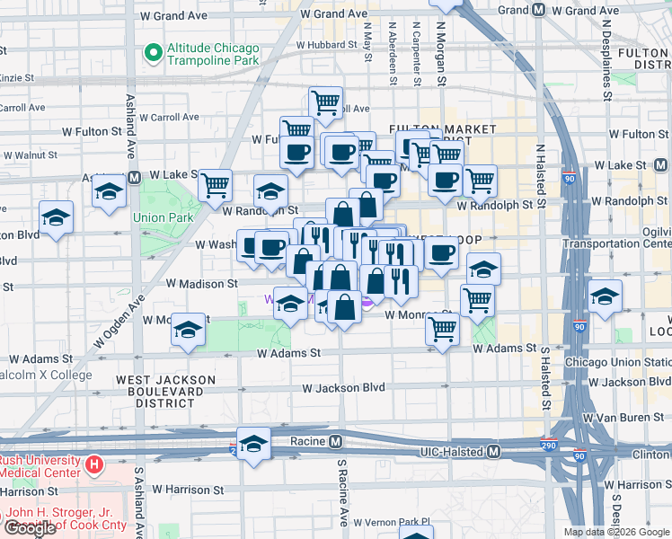 map of restaurants, bars, coffee shops, grocery stores, and more near 1164 West Madison Street in Chicago
