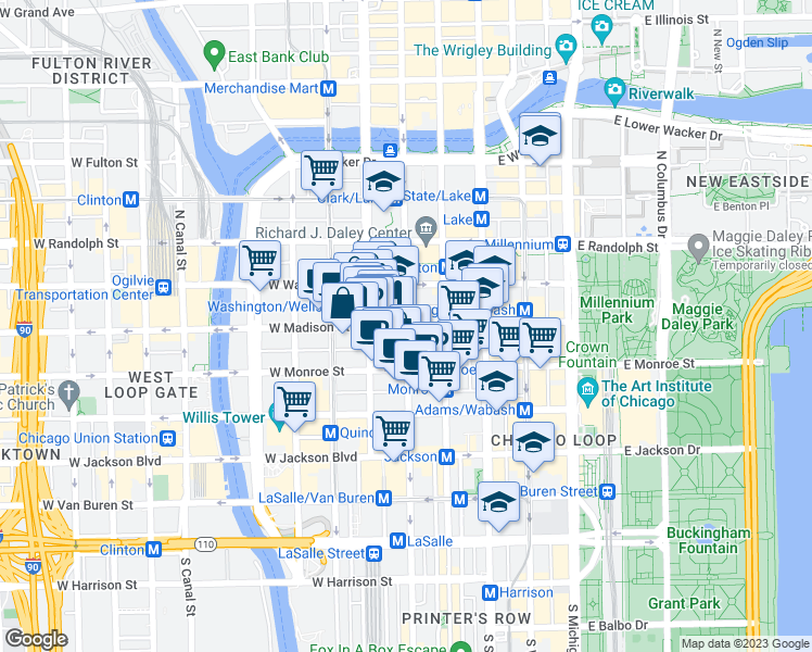 map of restaurants, bars, coffee shops, grocery stores, and more near N Clark St & S Clark St in Chicago