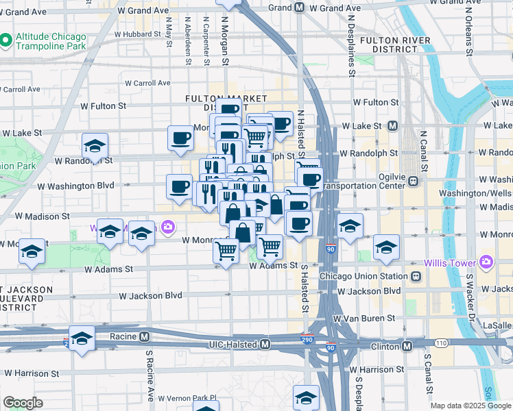 map of restaurants, bars, coffee shops, grocery stores, and more near 940 West Madison Street in Chicago