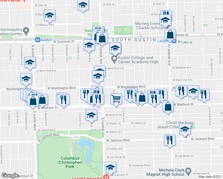 map of restaurants, bars, coffee shops, grocery stores, and more near 46 North Pine Avenue in Chicago