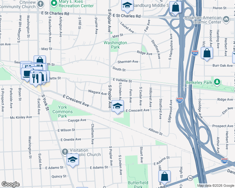 map of restaurants, bars, coffee shops, grocery stores, and more near 334 Niagara Avenue in Elmhurst