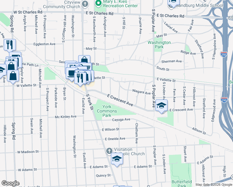 map of restaurants, bars, coffee shops, grocery stores, and more near 186 East Crescent Avenue in Elmhurst