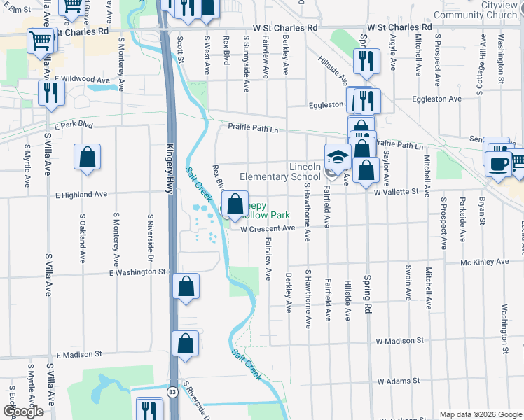 map of restaurants, bars, coffee shops, grocery stores, and more near 615 South Fairview Avenue in Elmhurst