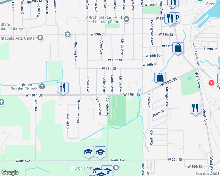 map of restaurants, bars, coffee shops, grocery stores, and more near 1828 Lyndon Avenue in Ashtabula