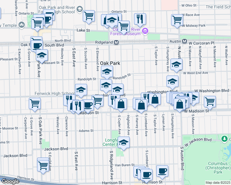map of restaurants, bars, coffee shops, grocery stores, and more near in Oak Park