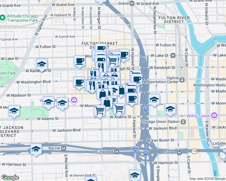map of restaurants, bars, coffee shops, grocery stores, and more near 940 West Madison Street in Chicago