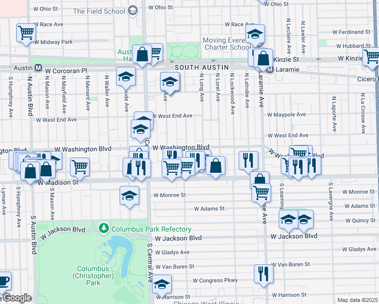 map of restaurants, bars, coffee shops, grocery stores, and more near 55 North Lotus Avenue in Chicago