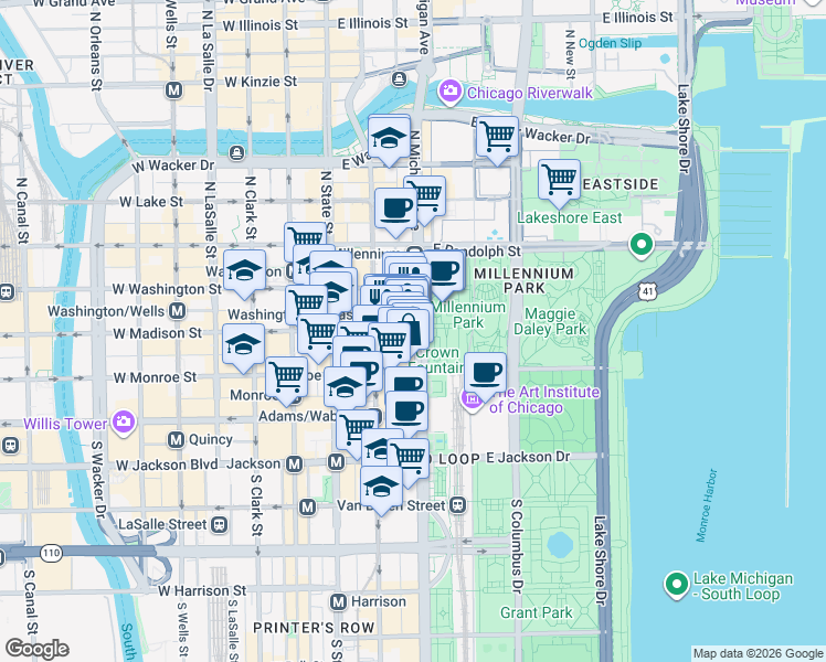 map of restaurants, bars, coffee shops, grocery stores, and more near 2 Chicago Pedway System in Chicago