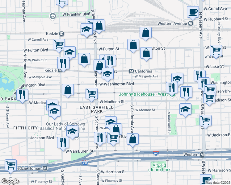 map of restaurants, bars, coffee shops, grocery stores, and more near 33 North Francisco Avenue in Chicago