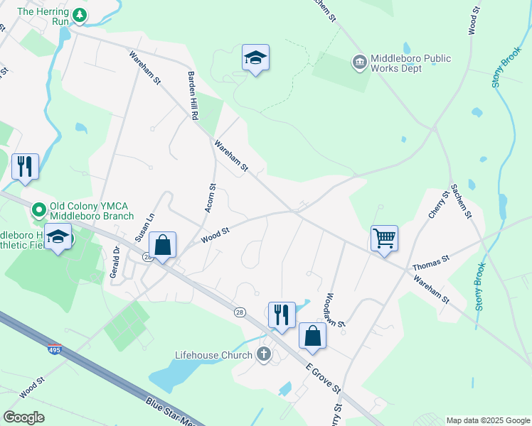 map of restaurants, bars, coffee shops, grocery stores, and more near 169 Wood Street in Middleborough