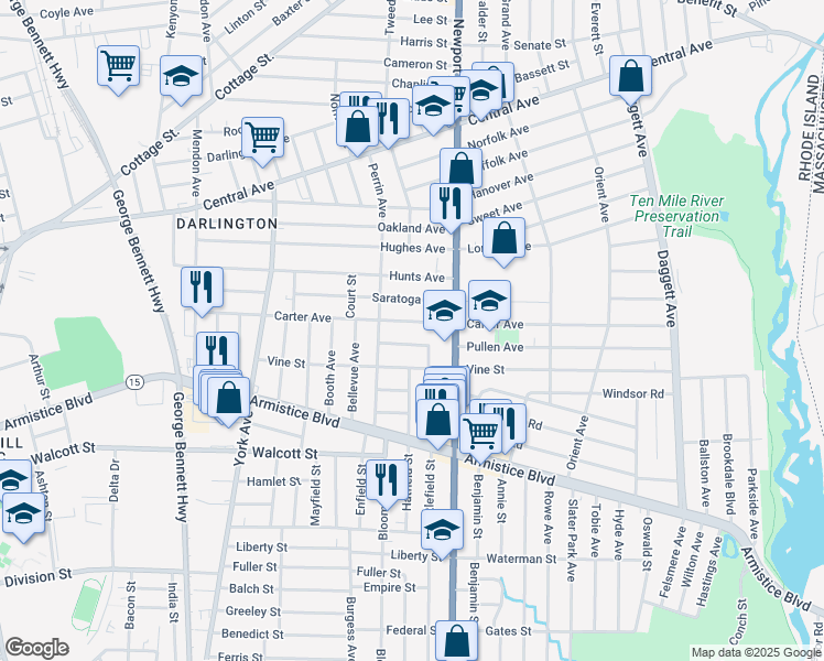 map of restaurants, bars, coffee shops, grocery stores, and more near 23 Pullen Avenue in Pawtucket