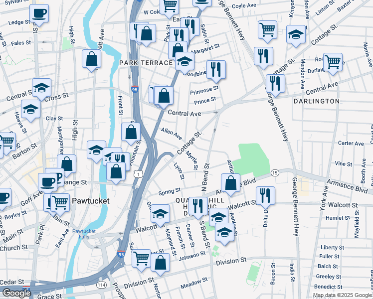 map of restaurants, bars, coffee shops, grocery stores, and more near 145 Cottage Street in Pawtucket