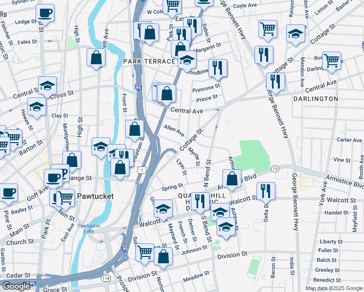 map of restaurants, bars, coffee shops, grocery stores, and more near 145 Cottage Street in Pawtucket