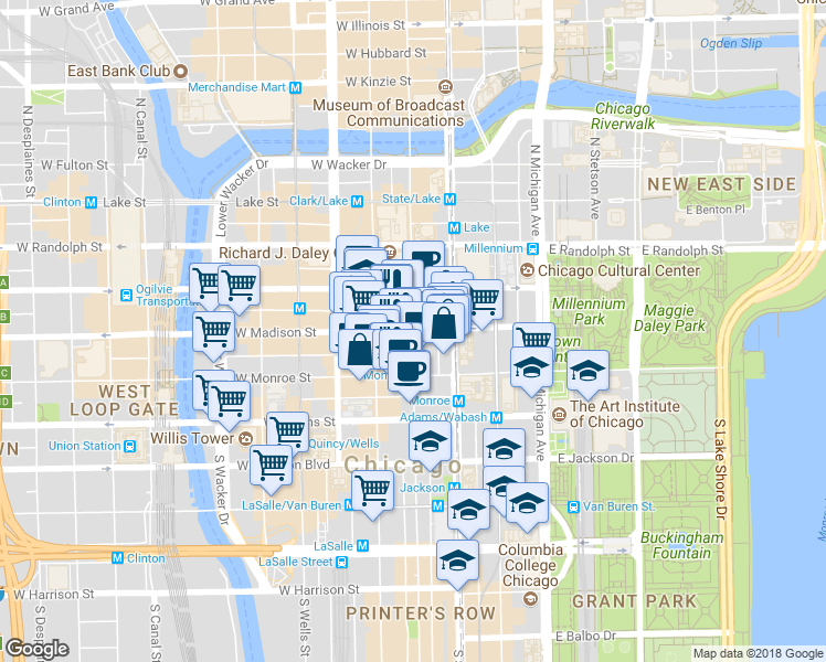 map of restaurants, bars, coffee shops, grocery stores, and more near 10 South Dearborn Street in Chicago