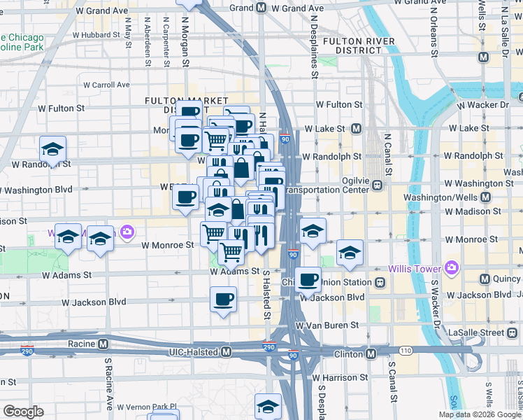 map of restaurants, bars, coffee shops, grocery stores, and more near in Chicago