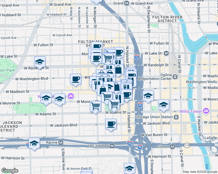 map of restaurants, bars, coffee shops, grocery stores, and more near 99 South Peoria Street in Chicago