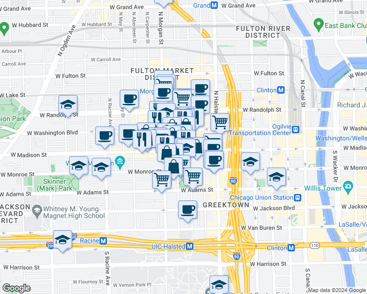map of restaurants, bars, coffee shops, grocery stores, and more near 940 West Madison Street in Chicago