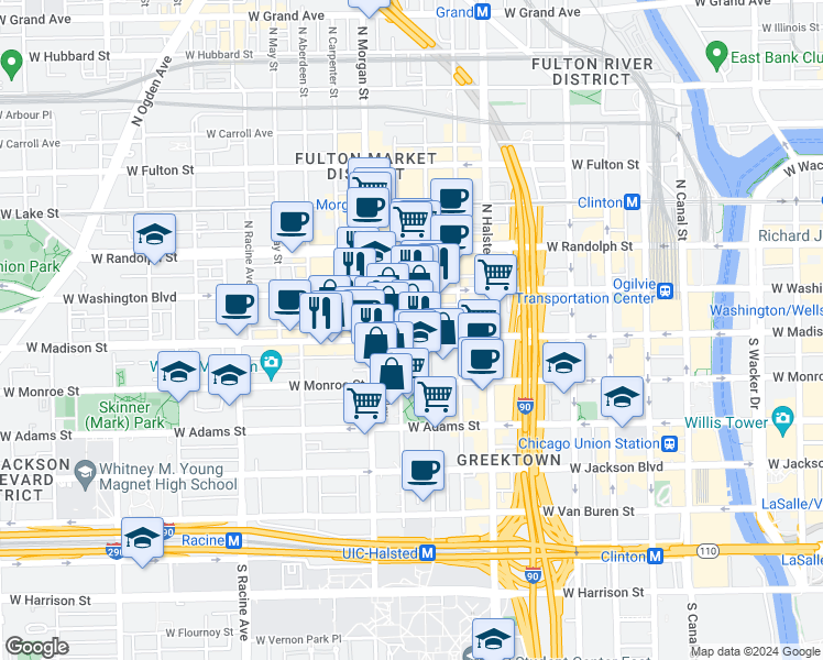 map of restaurants, bars, coffee shops, grocery stores, and more near 940 West Madison Street in Chicago