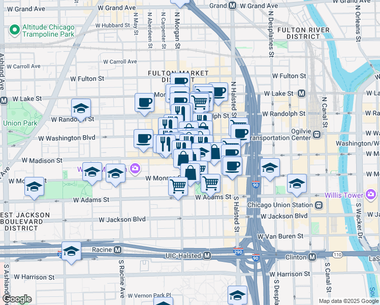 map of restaurants, bars, coffee shops, grocery stores, and more near 940 West Madison Street in Chicago