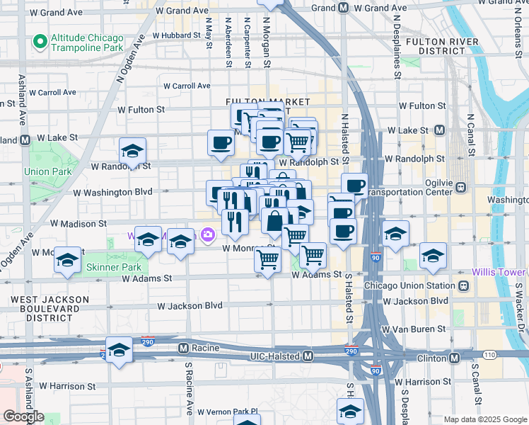 map of restaurants, bars, coffee shops, grocery stores, and more near 1006 West Madison Street in Chicago