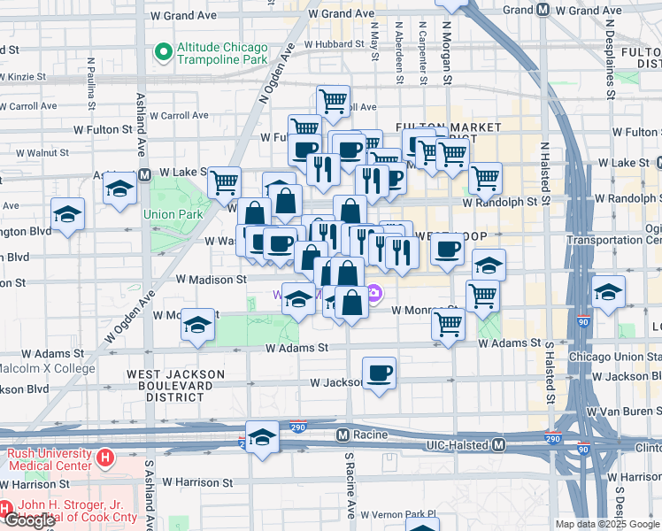 map of restaurants, bars, coffee shops, grocery stores, and more near 1237 West Madison Street in Chicago