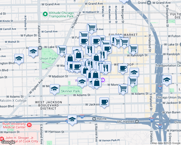 map of restaurants, bars, coffee shops, grocery stores, and more near 1237 West Madison Street in Chicago
