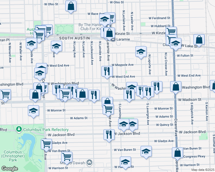 map of restaurants, bars, coffee shops, grocery stores, and more near 35 North Latrobe Avenue in Chicago