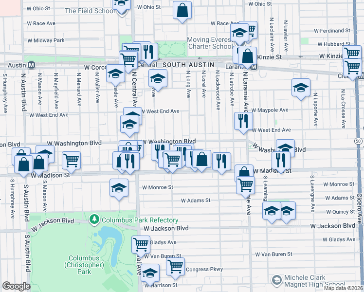 map of restaurants, bars, coffee shops, grocery stores, and more near 38 North Long Avenue in Chicago