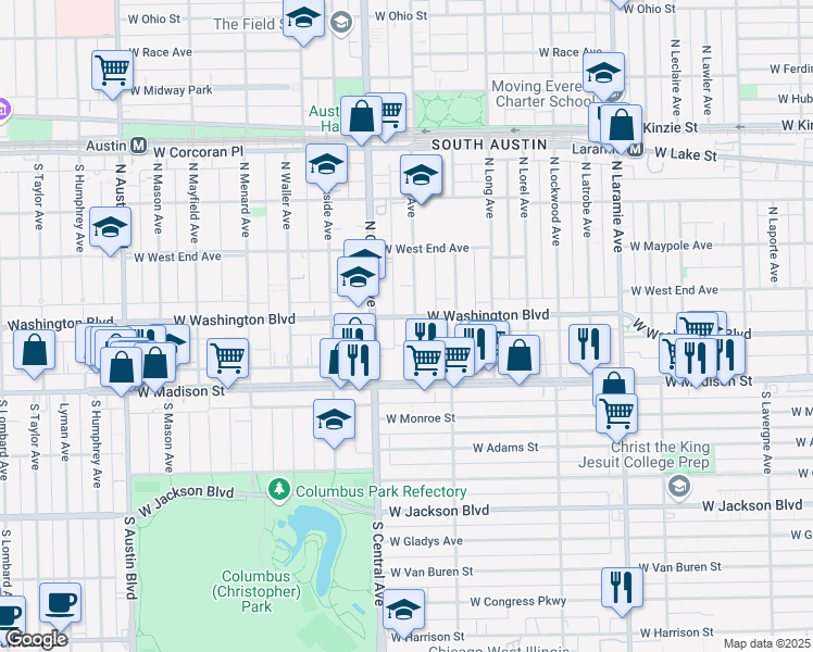 map of restaurants, bars, coffee shops, grocery stores, and more near 46 North Pine Avenue in Chicago