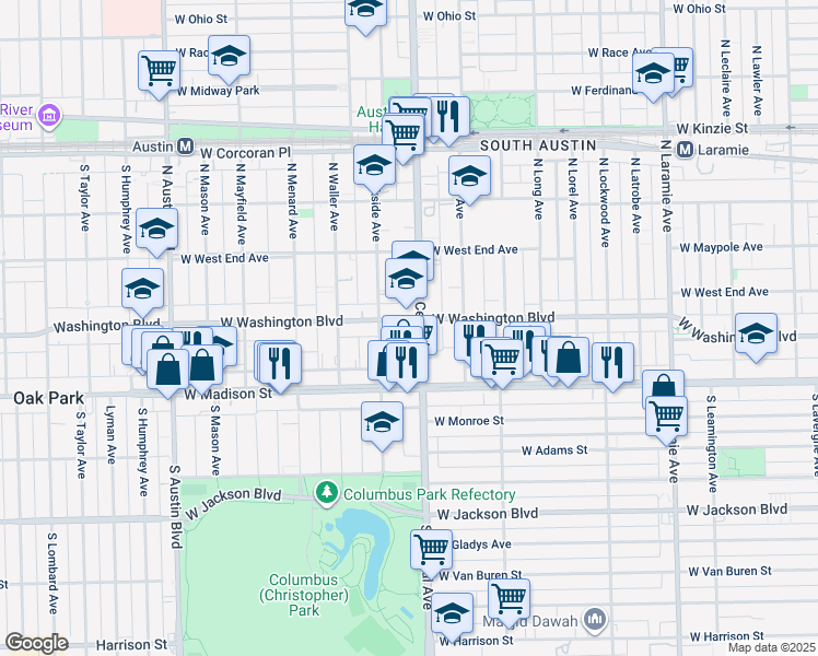 map of restaurants, bars, coffee shops, grocery stores, and more near 50 North Central Avenue in Chicago