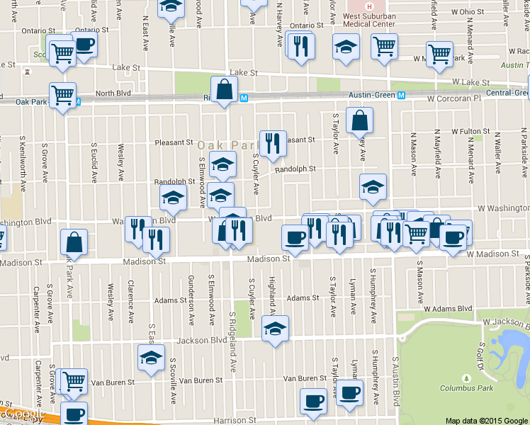 map of restaurants, bars, coffee shops, grocery stores, and more near 300 Washington Boulevard in Oak Park