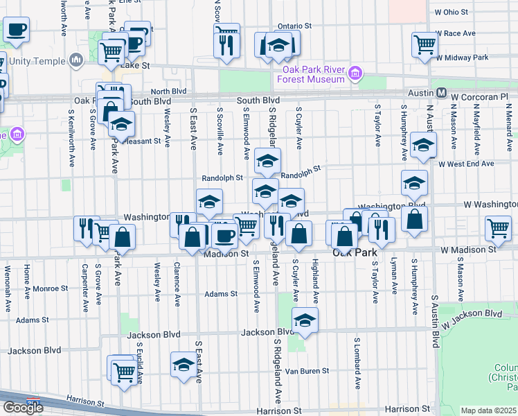 map of restaurants, bars, coffee shops, grocery stores, and more near 404 South Elmwood Avenue in Oak Park