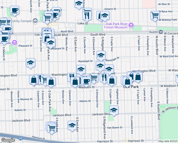 map of restaurants, bars, coffee shops, grocery stores, and more near 400 South Scoville Avenue in Oak Park