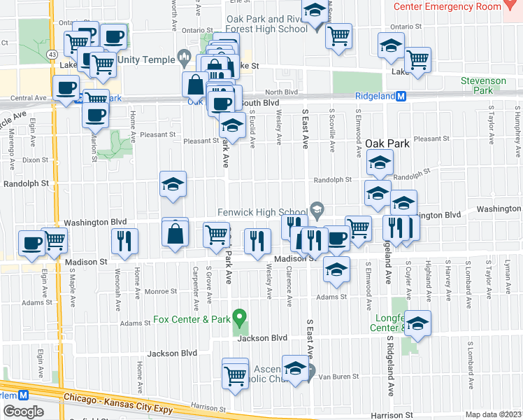 map of restaurants, bars, coffee shops, grocery stores, and more near 651 Washington Boulevard in Oak Park