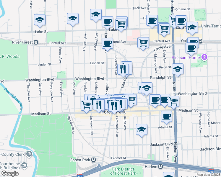 map of restaurants, bars, coffee shops, grocery stores, and more near 244 Lathrop Avenue in Forest Park