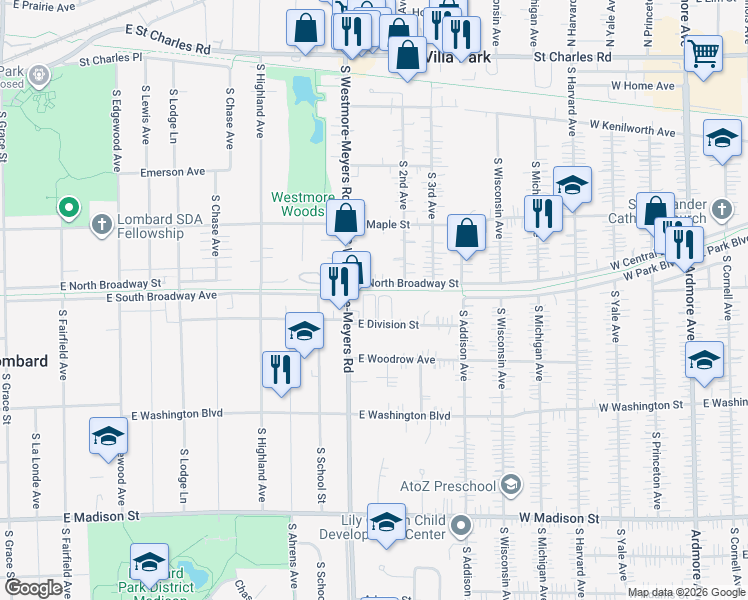 map of restaurants, bars, coffee shops, grocery stores, and more near 1014 East Division Street in Lombard