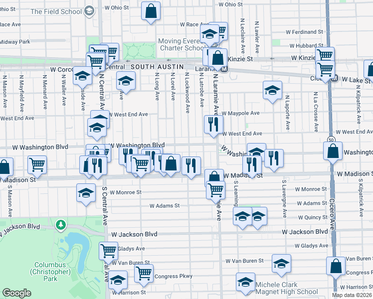 map of restaurants, bars, coffee shops, grocery stores, and more near 54 North Lockwood Avenue in Chicago