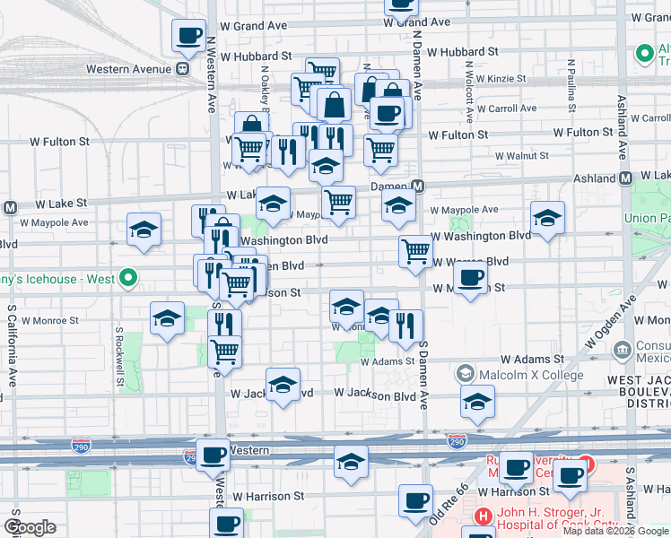map of restaurants, bars, coffee shops, grocery stores, and more near 2143 West Warren Boulevard in Chicago