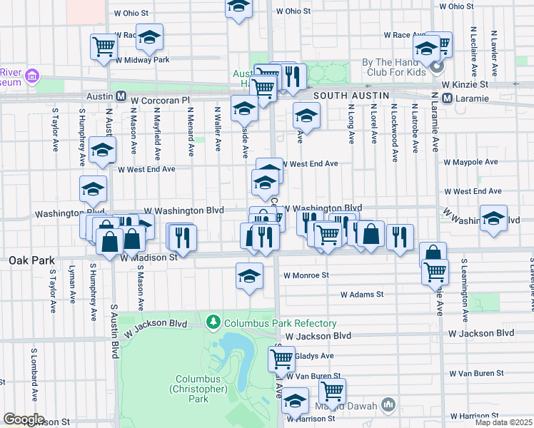 map of restaurants, bars, coffee shops, grocery stores, and more near 50 North Central Avenue in Chicago