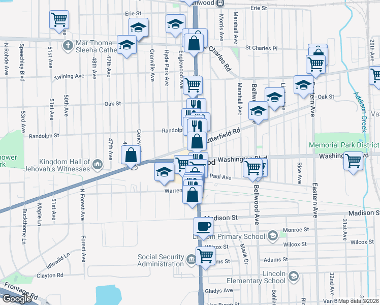 map of restaurants, bars, coffee shops, grocery stores, and more near in Bellwood