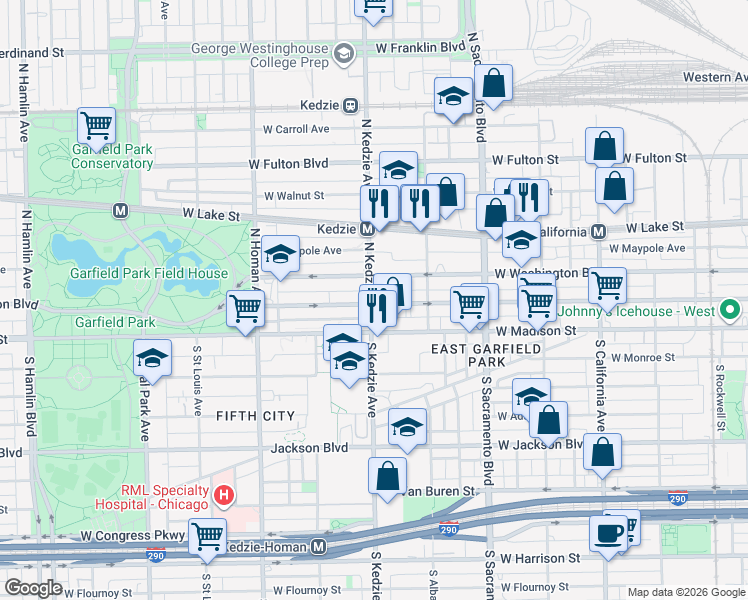 map of restaurants, bars, coffee shops, grocery stores, and more near 33 North Kedzie Avenue in Chicago