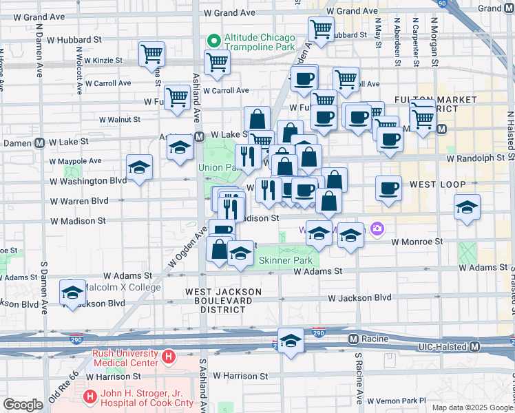 map of restaurants, bars, coffee shops, grocery stores, and more near 1422 West Madison Street in Chicago